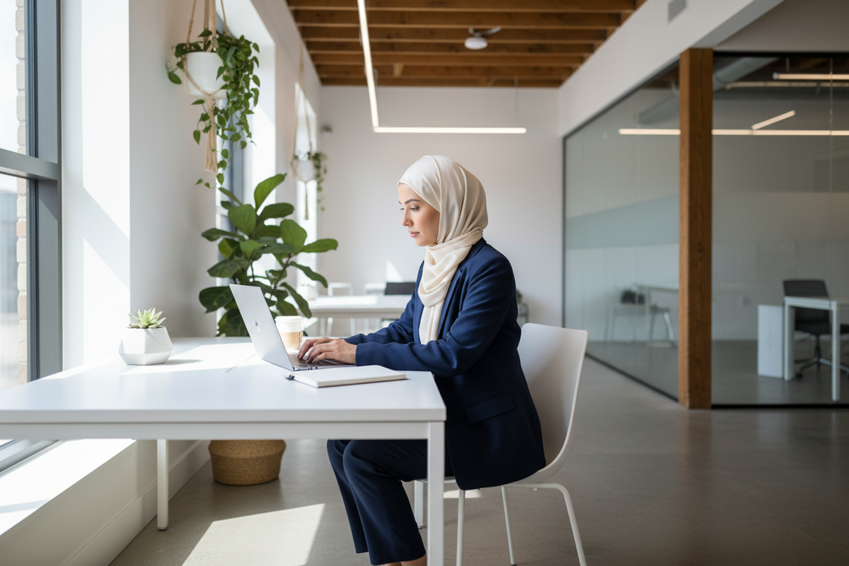 Hijabi founder working on a desk.